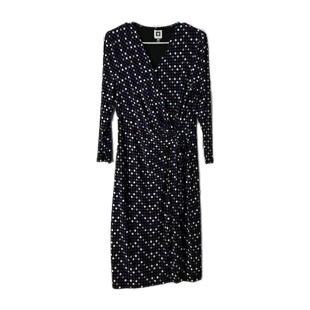 Anne Klein Dress Womens Size Medium Black Tan, Polka Dots Long Sleeve Wrap Front